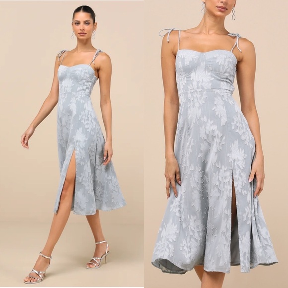 Lulus Loveliest Looks Dusty Blue Floral Jacquard Tie-Strap Midi Dress Large - Picture 1 of 9